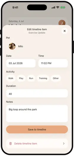 Exercise note logging a walk