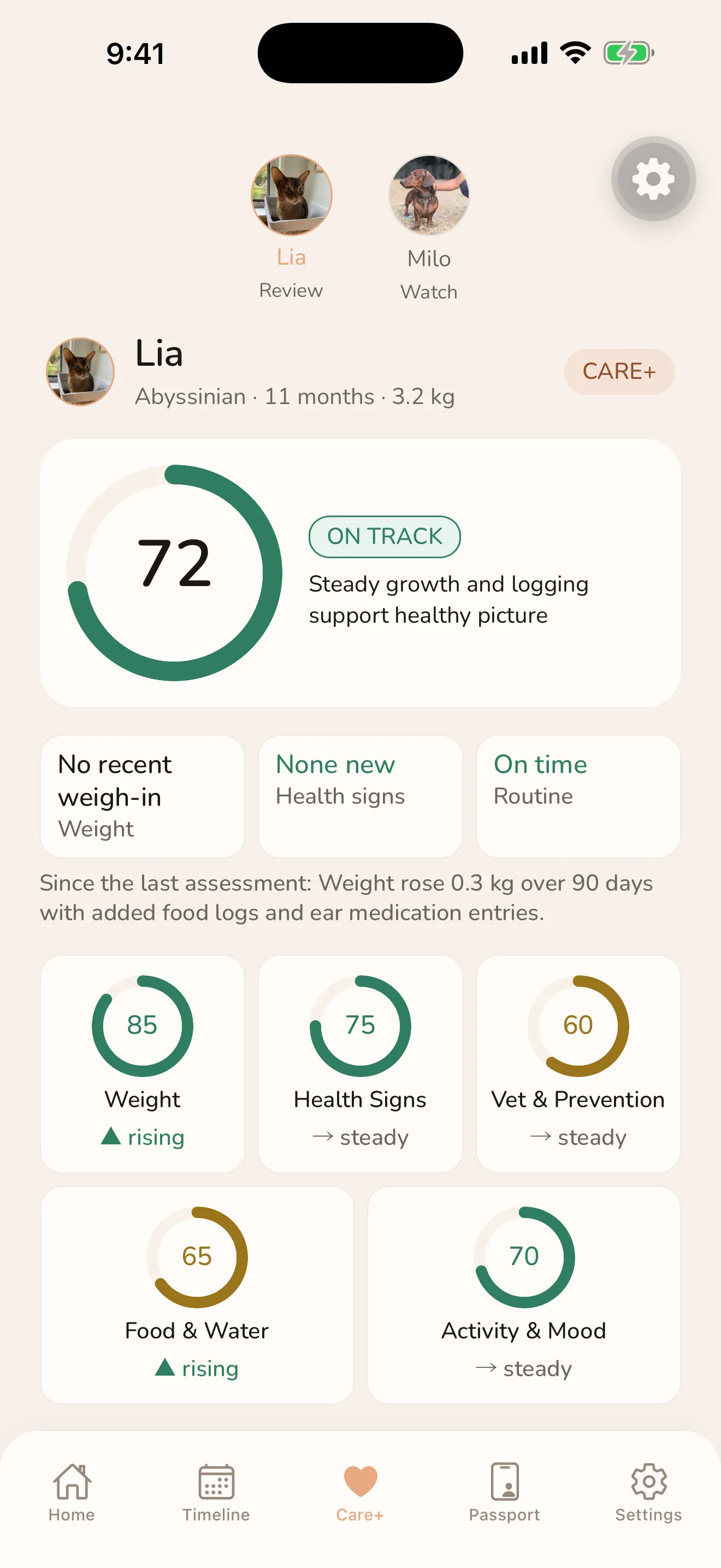 The Care+ dashboard in Pet Note: a care score ring, five area scores, and a weekly summary