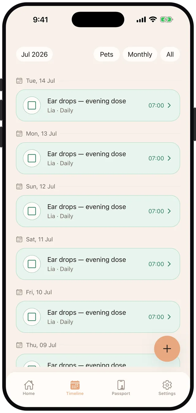 Daily timeline listing a day's notes and events in order