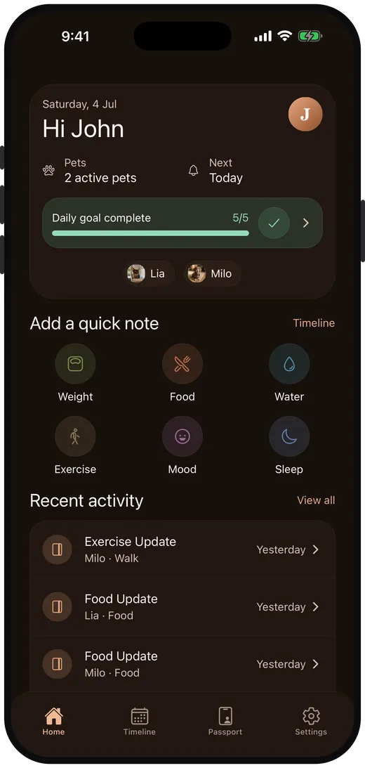 Pet Note home screen in dark mode showing daily goals and recent activity