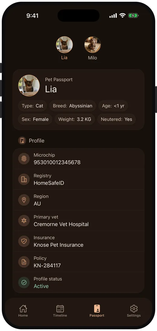 Pet passport screen in dark mode