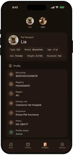 Pet passport screen in dark mode