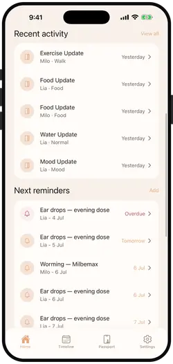Home screen with quick-note buttons for food, water, exercise, mood and sleep