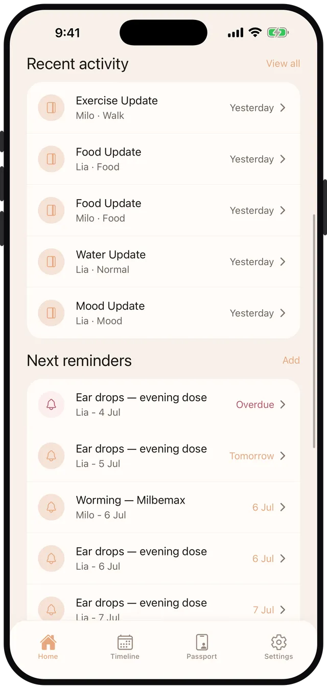 Pet Note home screen with quick-note buttons for food, water, exercise, mood and sleep