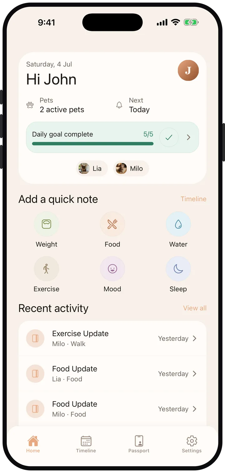 Pet Note home screen showing daily goals, quick notes and recent activity for two pets