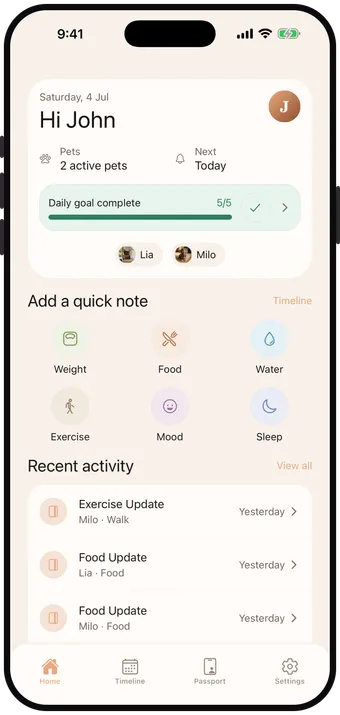 Pet Note home screen on Android showing daily goals and recent activity