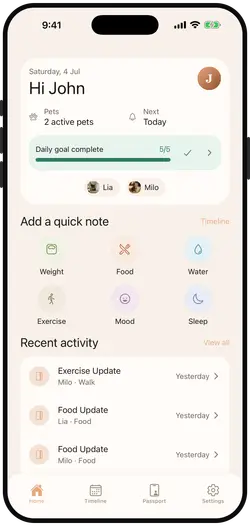 Home screen showing daily goals and recent activity for two pets