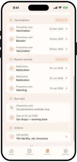 Pet passport overview with key details