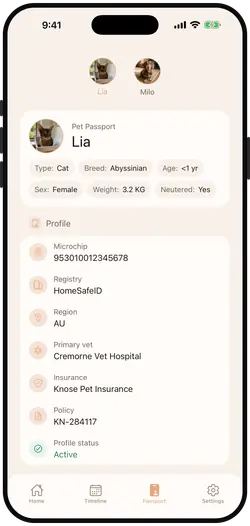 Pet passport screen listing vaccinations and medications