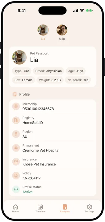 Pet passport screen on Android