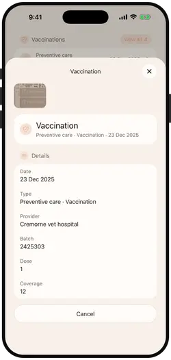Vaccination record with dates and due reminders