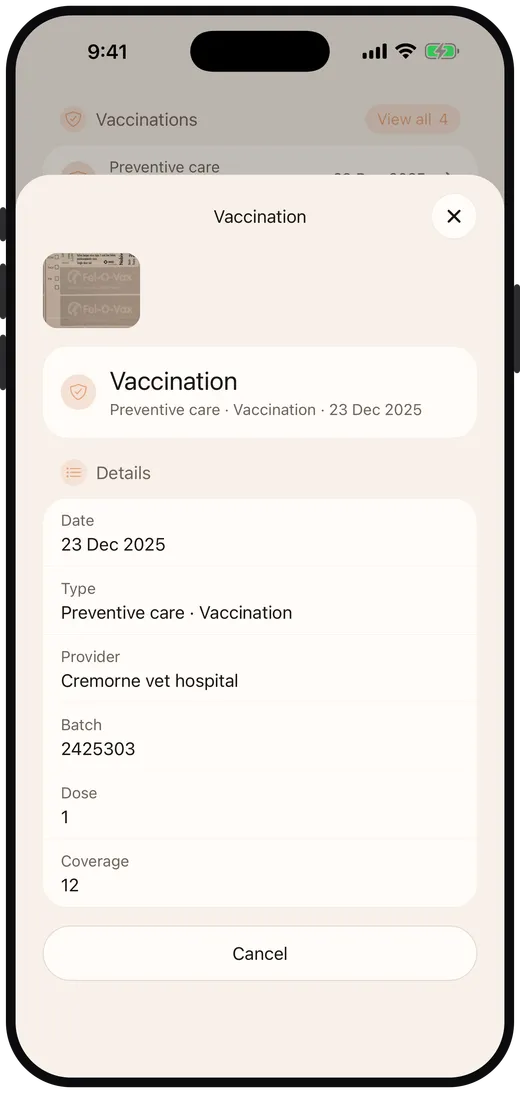 Vaccination record with dates and due reminders